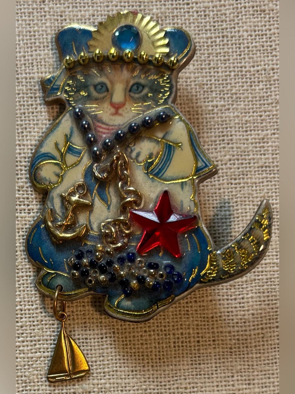 Vintage Handcrafted Whimsical Cat Nautical Brooch Pin Dangle Sailboat